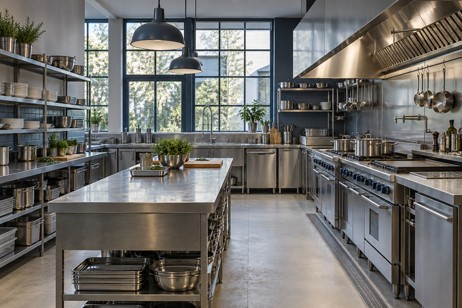 Daylit professional kitchen with stainless preparation counters and cooking equipment